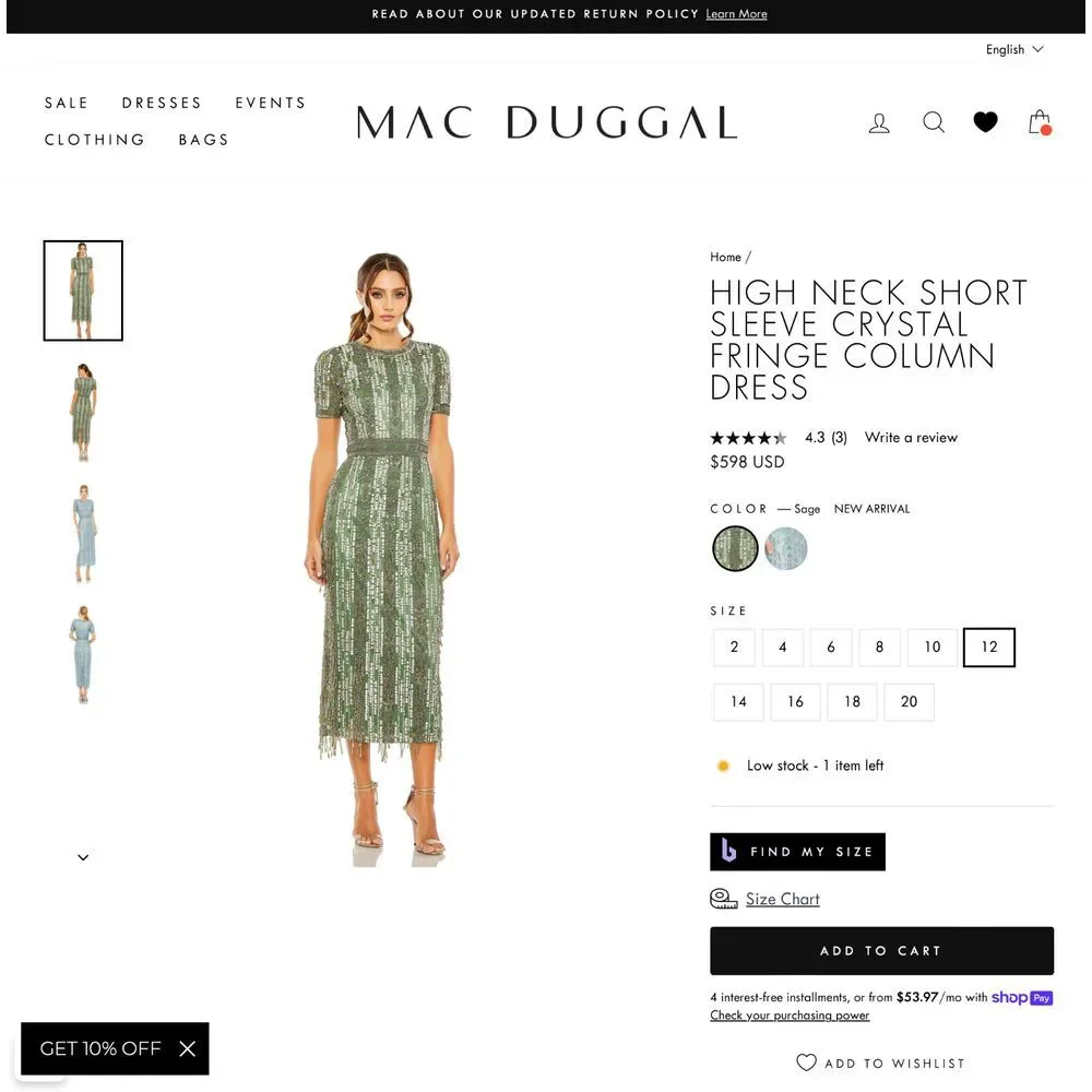 NWT Mac Duggal [ 8 ] 5980 High Neck Short‎ Sleev Crystal Fringe Dress Sage Q931