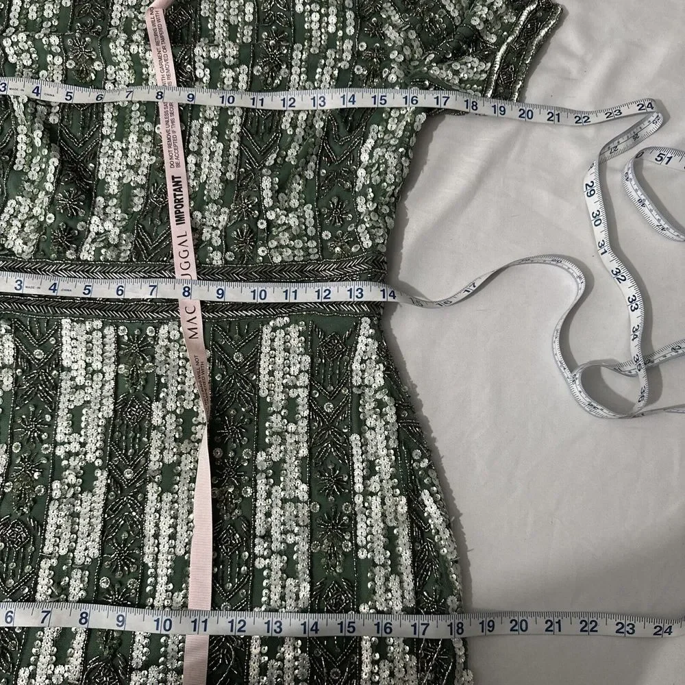 NWT Mac Duggal [ 8 ] 5980 High Neck Short‎ Sleev Crystal Fringe Dress Sage Q931