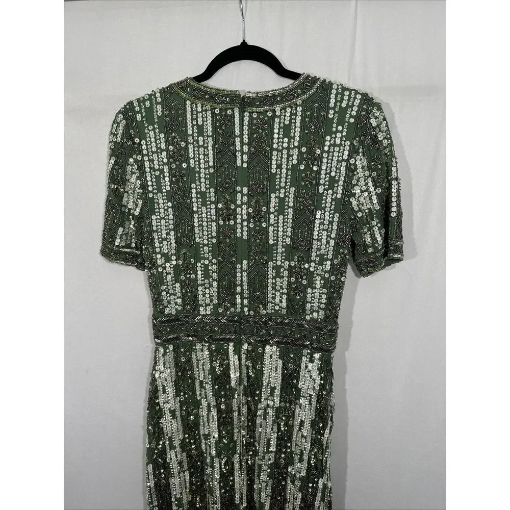 NWT Mac Duggal [ 8 ] 5980 High Neck Short‎ Sleev Crystal Fringe Dress Sage Q931