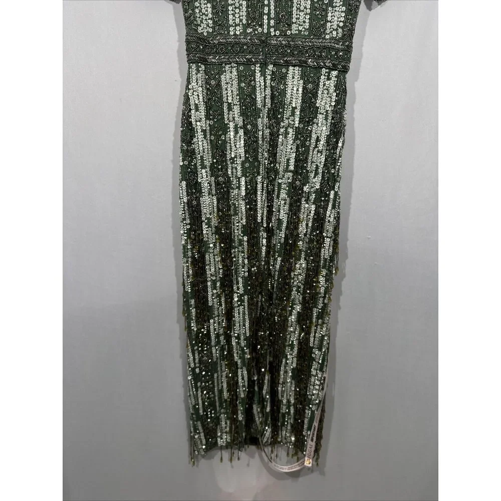 NWT Mac Duggal [ 8 ] 5980 High Neck Short‎ Sleev Crystal Fringe Dress Sage Q931