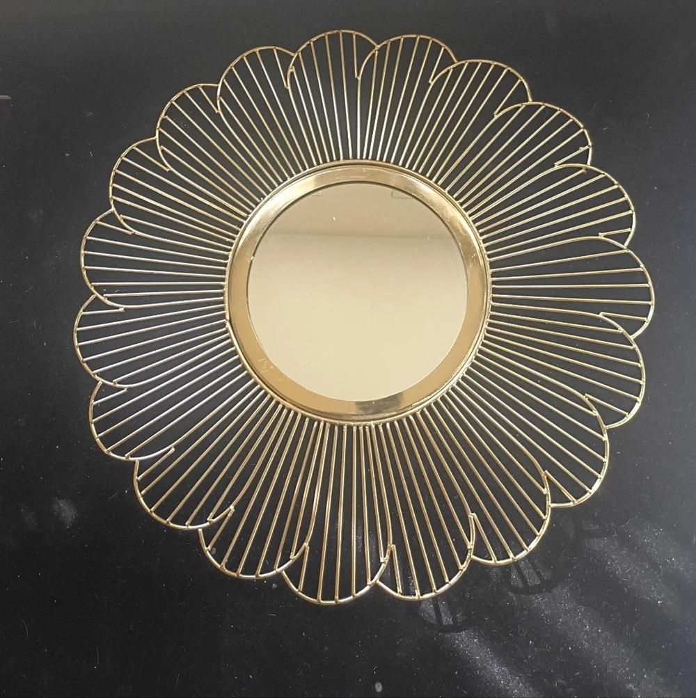 Gold Metal Sunburst Wall Mirror | Round Flower Petal Accent Decor 19
