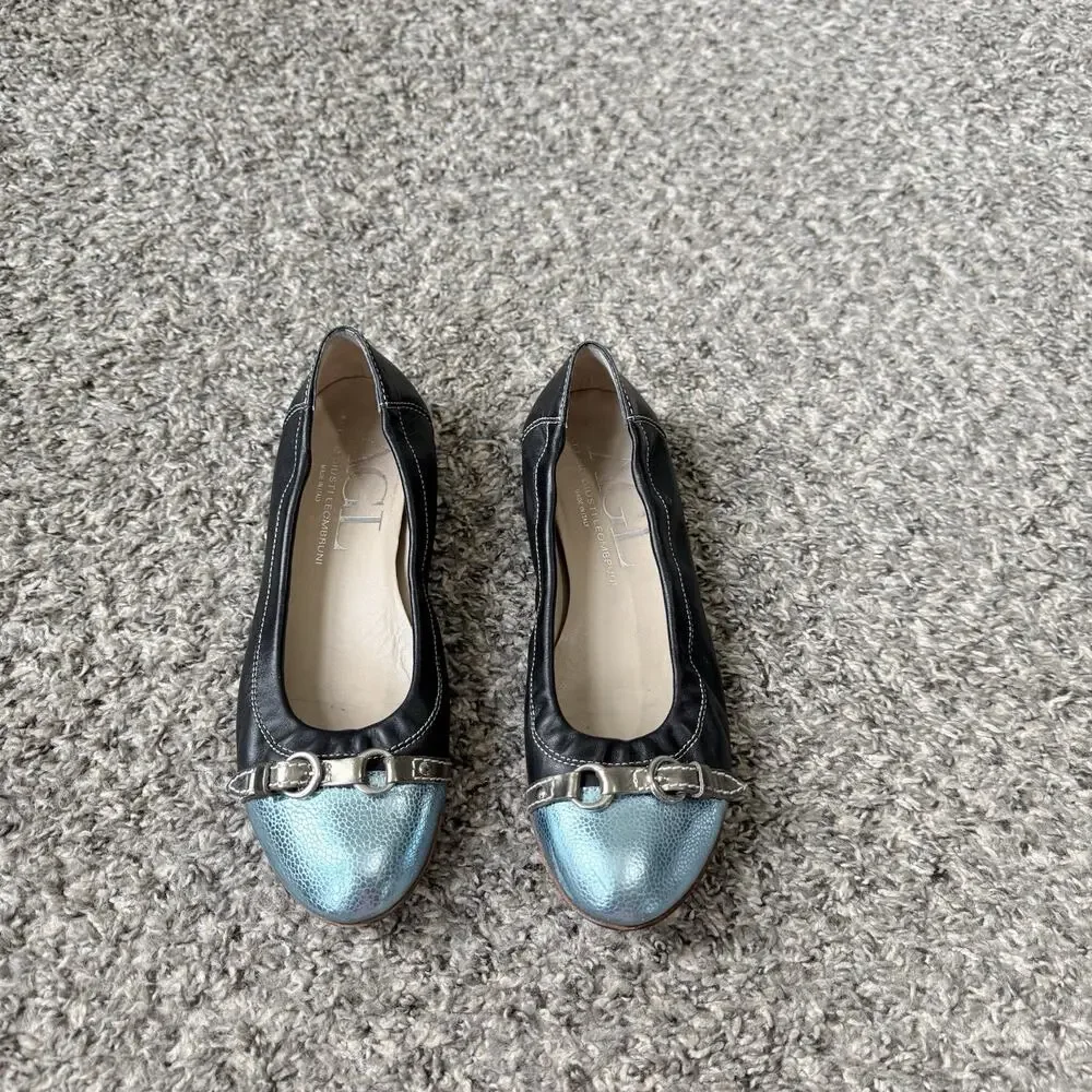 AGL Monika Cap Toe Ballet Leather Flats 38 US 8 Black Blue Accent Slip On Shoe