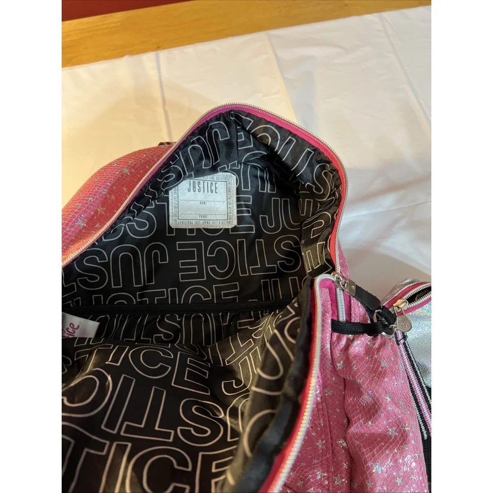 Justice Backpack Pink Silver Pencil Case Pouch Keychain Stars No Lunchbox
