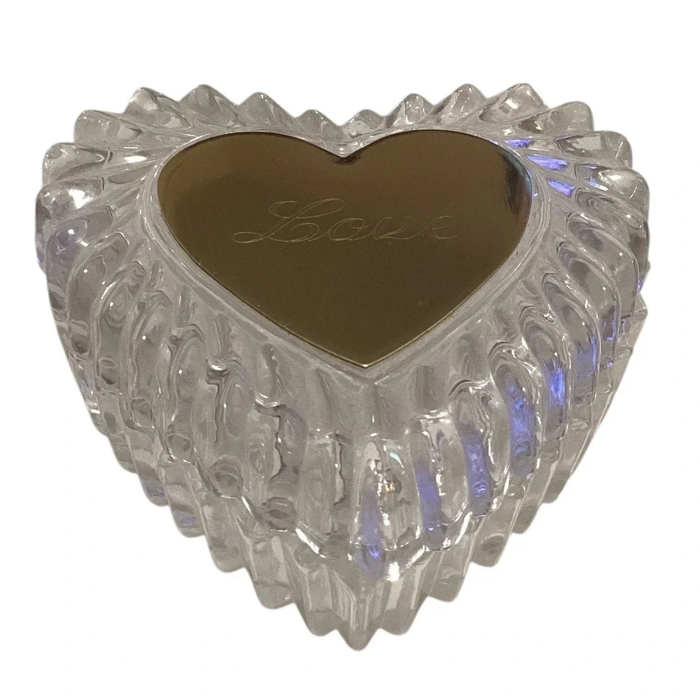 Crystal Heart Trinket Box Love Engraved Gold Tone Lid