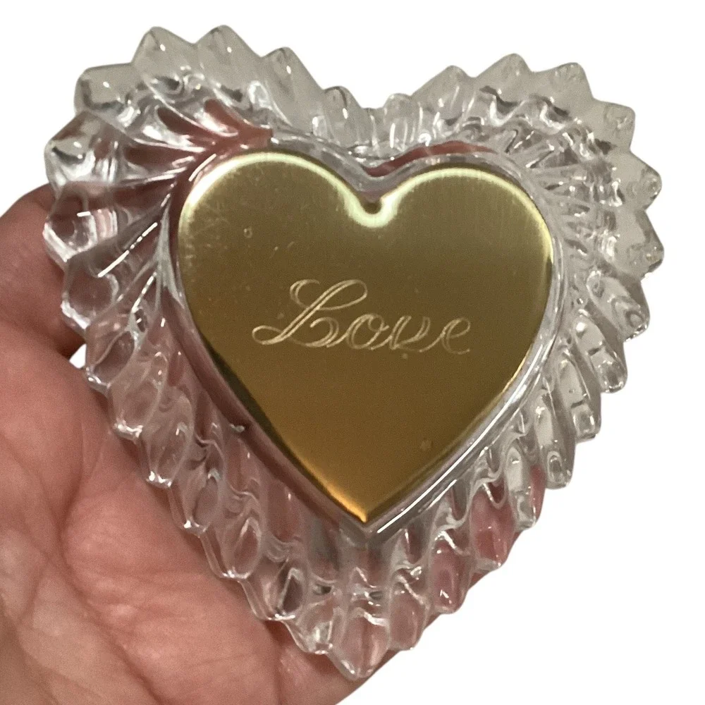 Crystal Heart Trinket Box Love Engraved Gold Tone Lid
