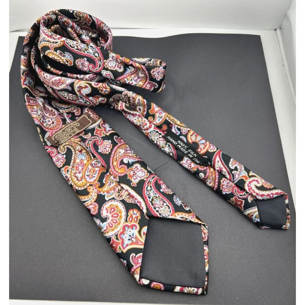 Vtg ALBERTA ZERRA 100% Silk Neck Tie Handmade ITALY Colorful Paisley 60