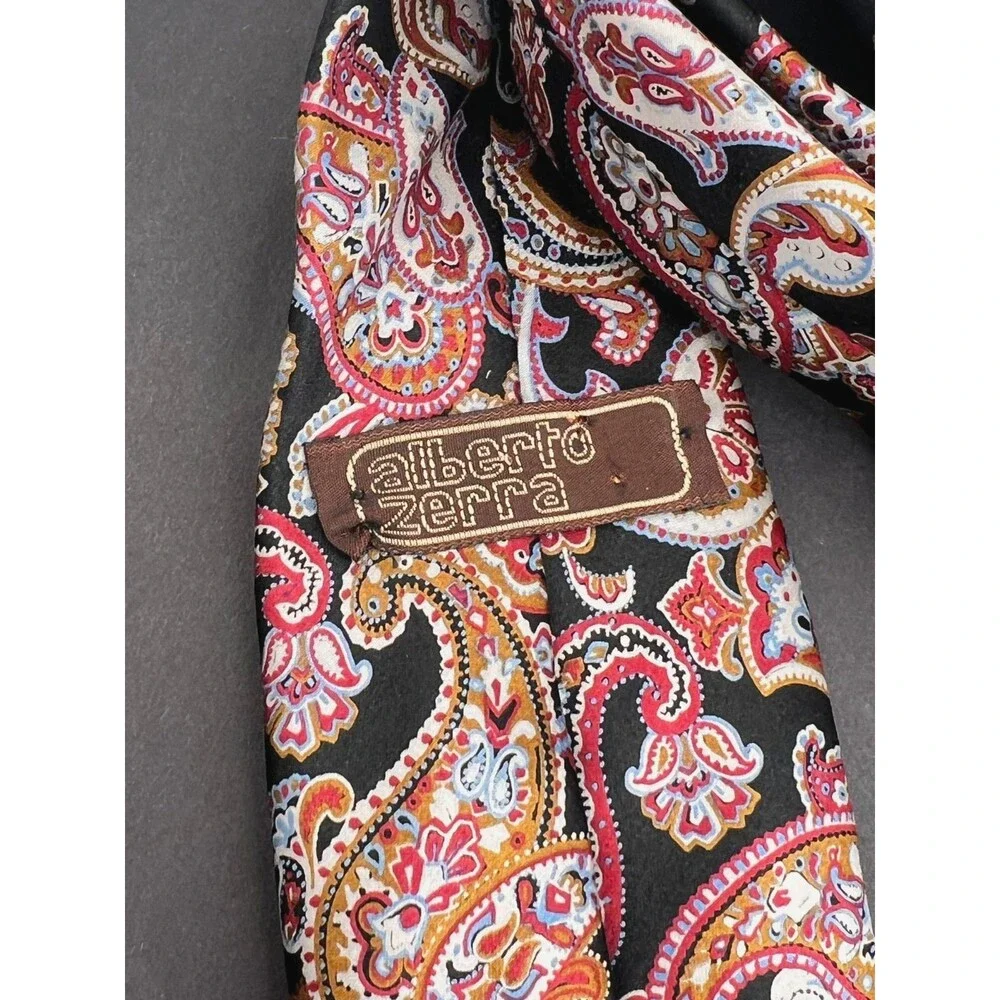 Vtg ALBERTA ZERRA 100% Silk Neck Tie Handmade ITALY Colorful Paisley 60