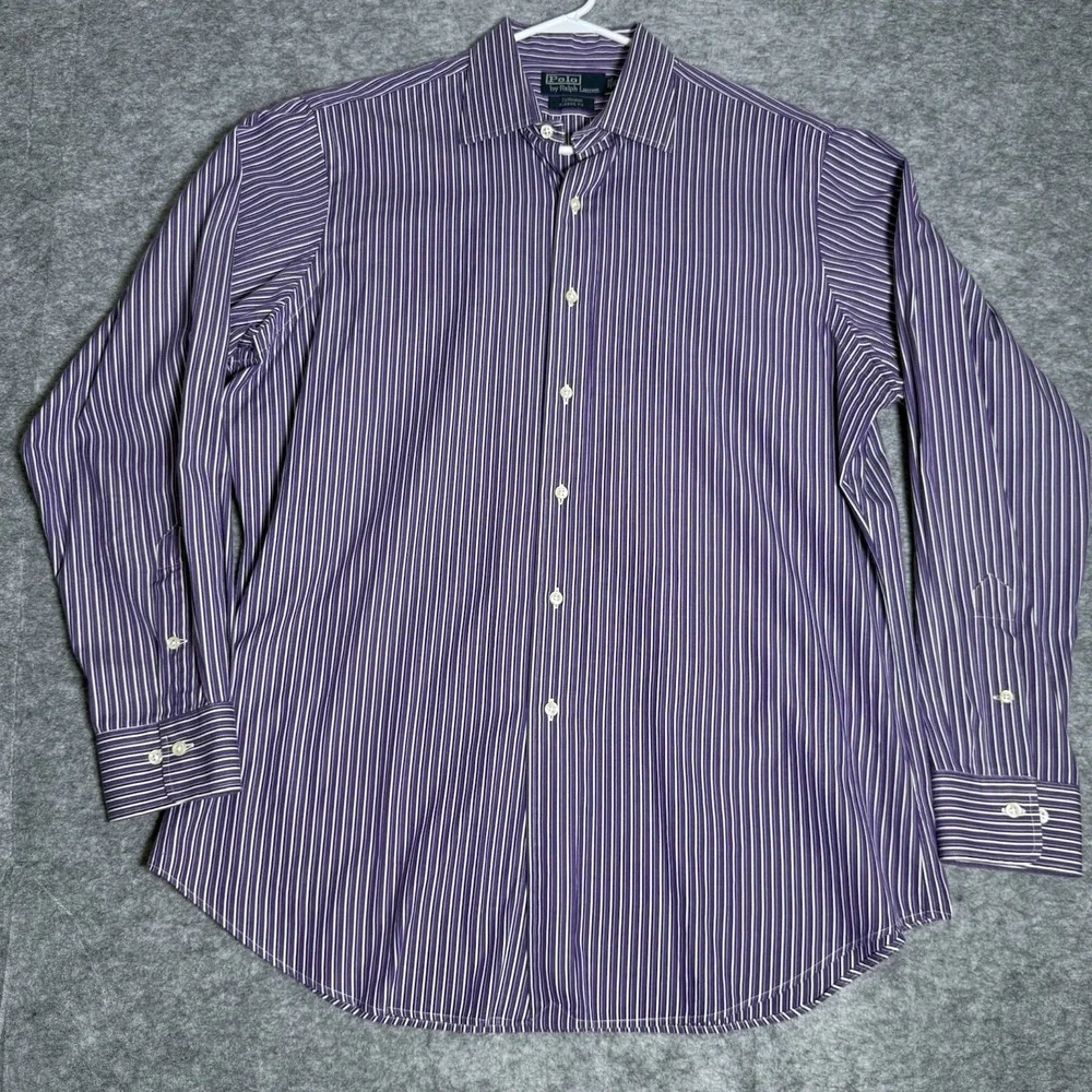 Polo Ralph Lauren Shirt Men 16.5  34/35 Curham Classic Fit Purple Stripe Dress