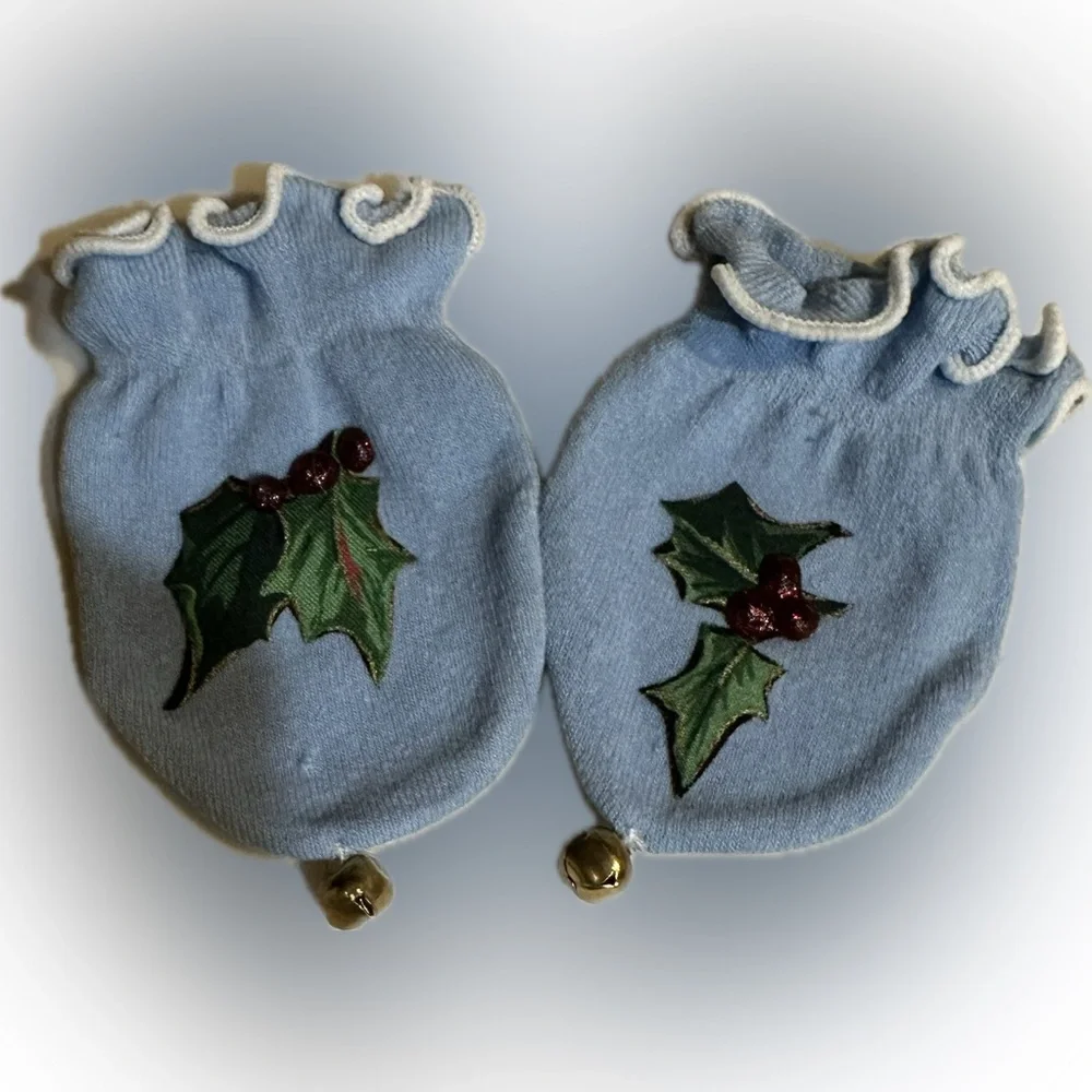 BABY SCRATCH MITTENS BELLS NEWBORN INFANT HOLLY APPLIQUÉ CHRISTMAS BLU YELO WTE