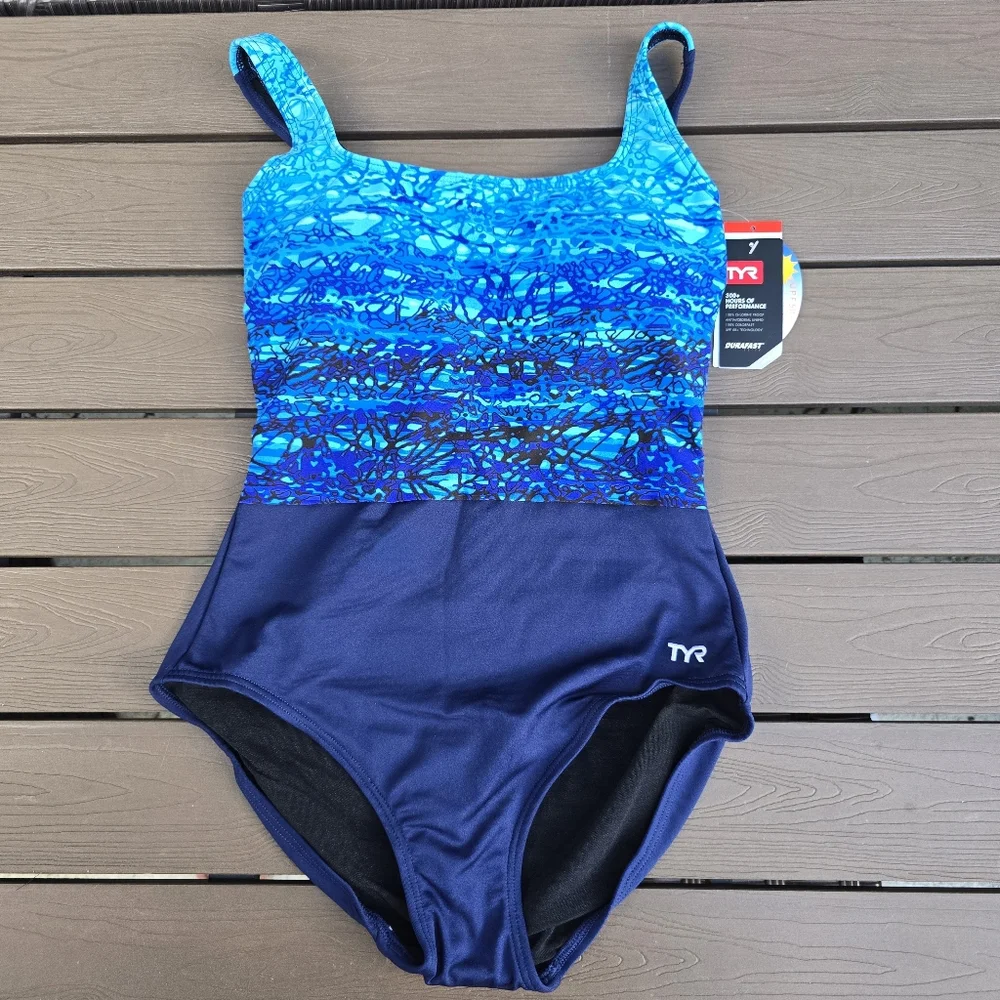 TYR Women's Durafast Elite Blue/Navy Artic Scoop Neck Controlfit Swim Sz 8 New