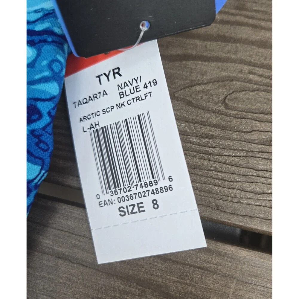 TYR Women's Durafast Elite Blue/Navy Artic Scoop Neck Controlfit Swim Sz 8 New