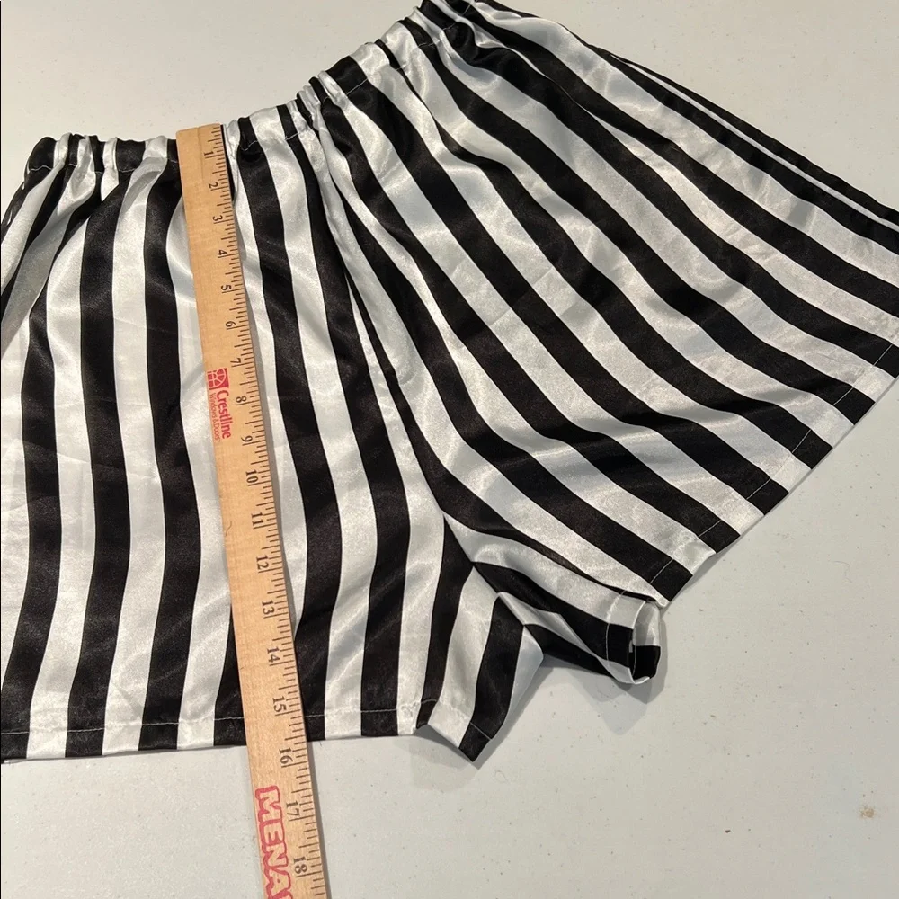 Vintage 2-Piece Black and White Striped Satin Pajama Button Top and Shorts M