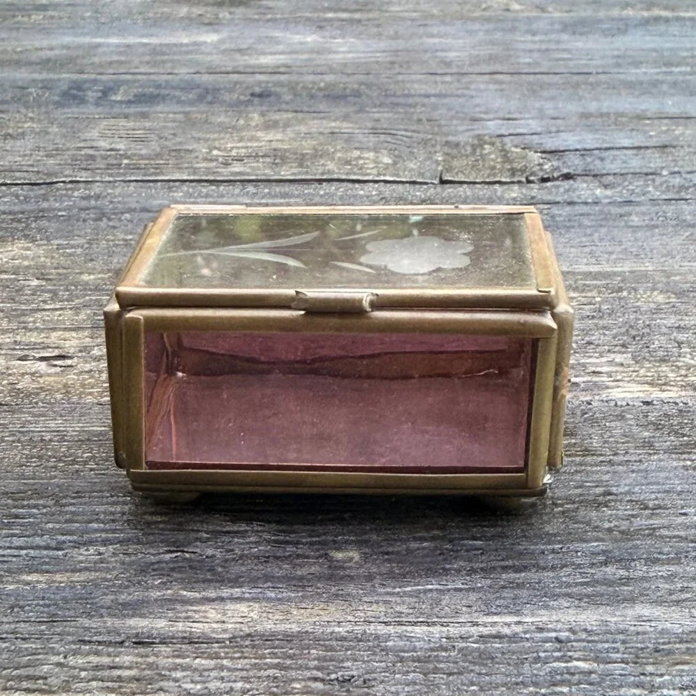 Vintage Via Vermont Etched Flower Pink Lavender Glass Brass Mirror Trinket Box