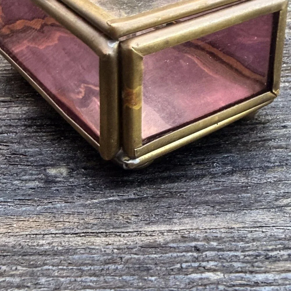 Vintage Via Vermont Etched Flower Pink Lavender Glass Brass Mirror Trinket Box