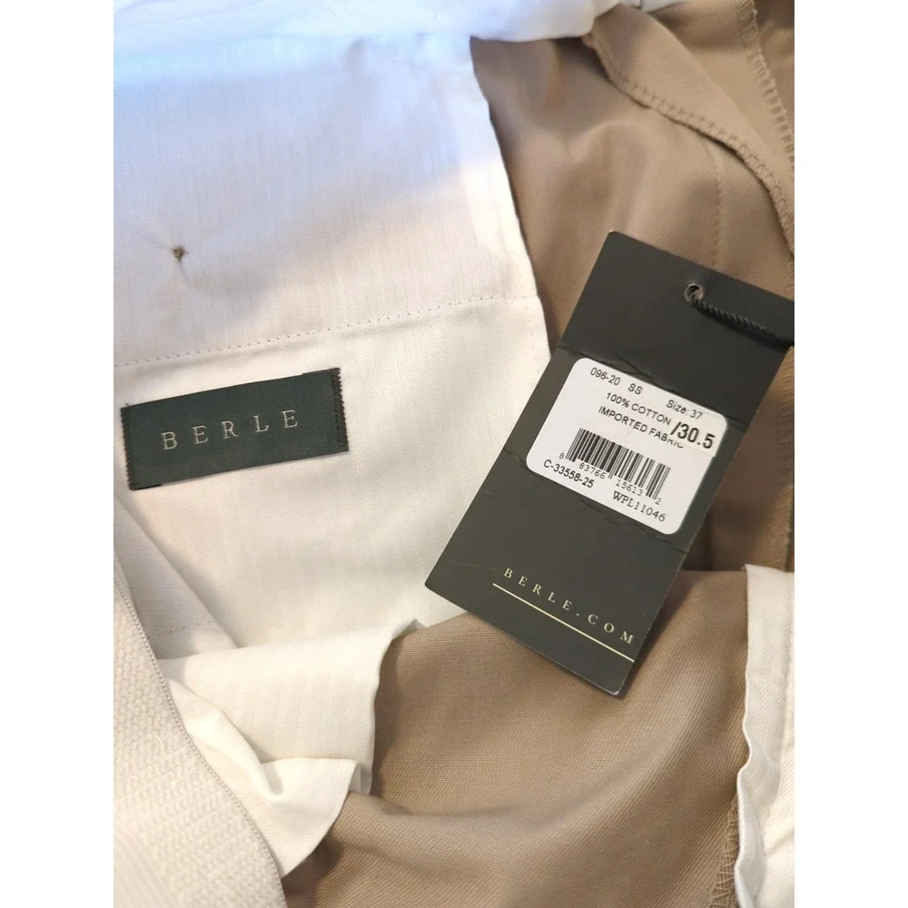 New with Tag BERLE Dress Pants Men 37 Flat Front Cuffed Tan 100% Cotton Classic