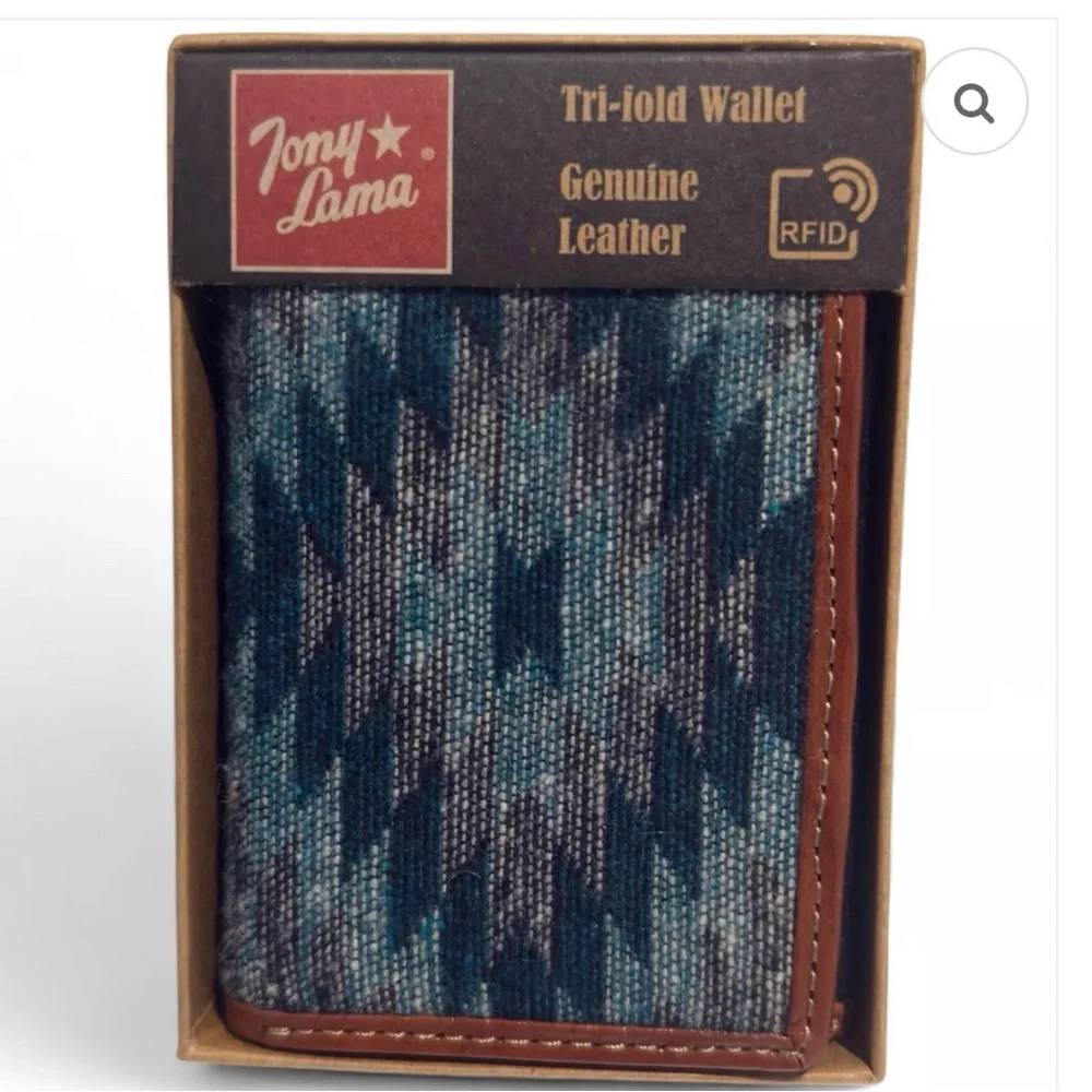 Tony Lama Wallet Blue Aztec RFID. Leather Canvas Cowboy Western. Trifold NWT
