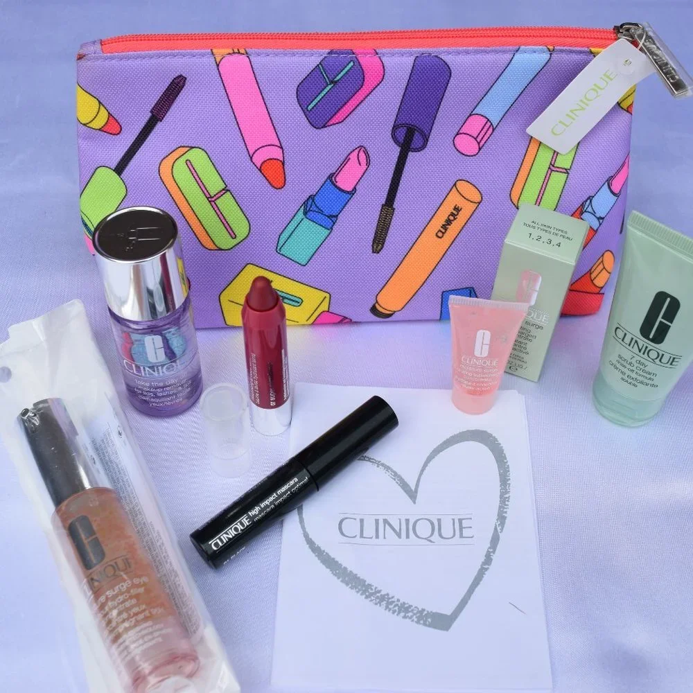 Clinique Beauty Set-Purple Pouch,Scrub,Concentrate,Lip,Mascara & Remover-7pc-NEW