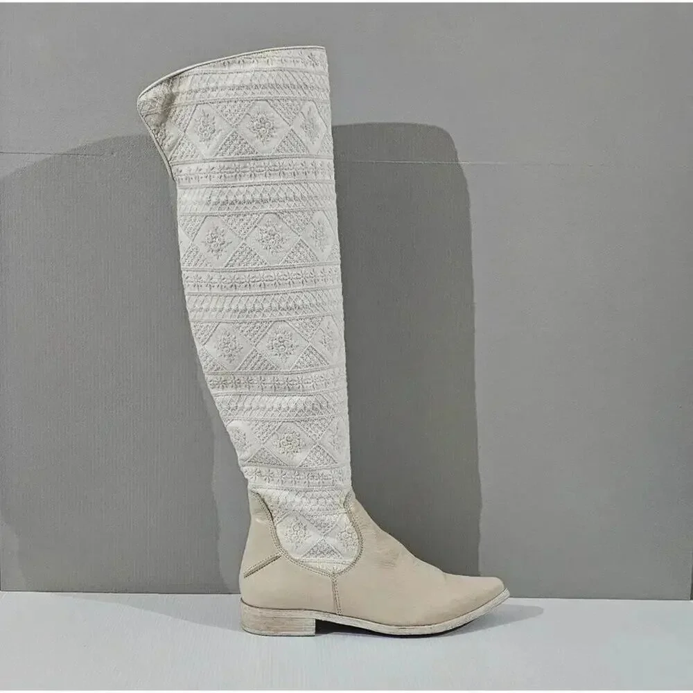 Free People Bren Knee High Boot Women EU 38.5 Cream Embroidered Boho Slouchy NEW
