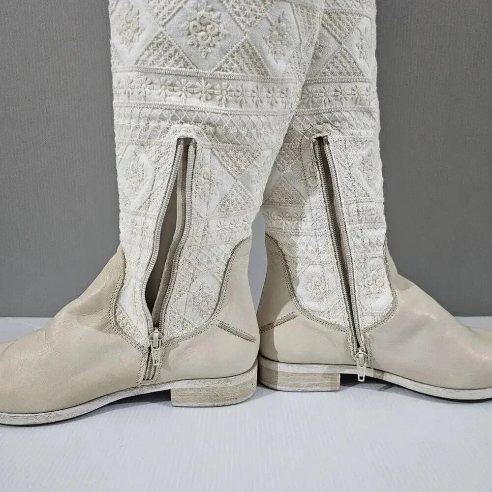 Free People Bren Knee High Boot Women EU 38.5 Cream Embroidered Boho Slouchy NEW