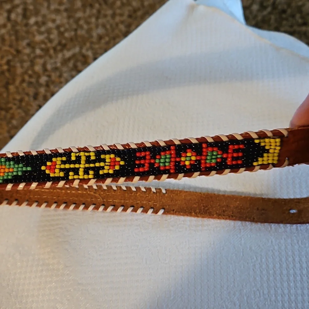 70 Vintage Kids Beaded Indian Leather Belt with Multicolor Design Sz 33