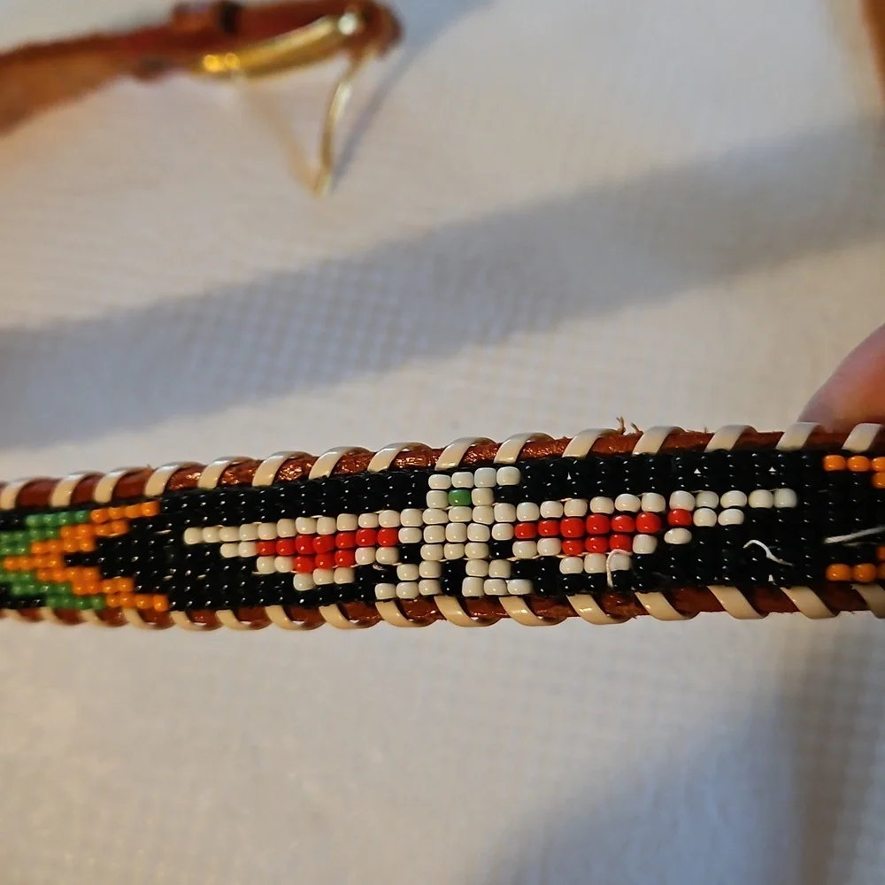 70 Vintage Kids Beaded Indian Leather Belt with Multicolor Design Sz 33