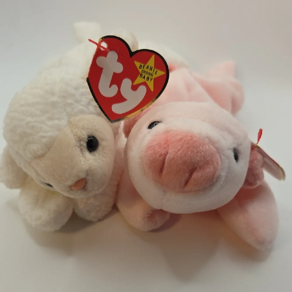 Ty Beanie Babies Spring Pair Squeeler The Pink Pig 1993 + Fleece The White Lamb