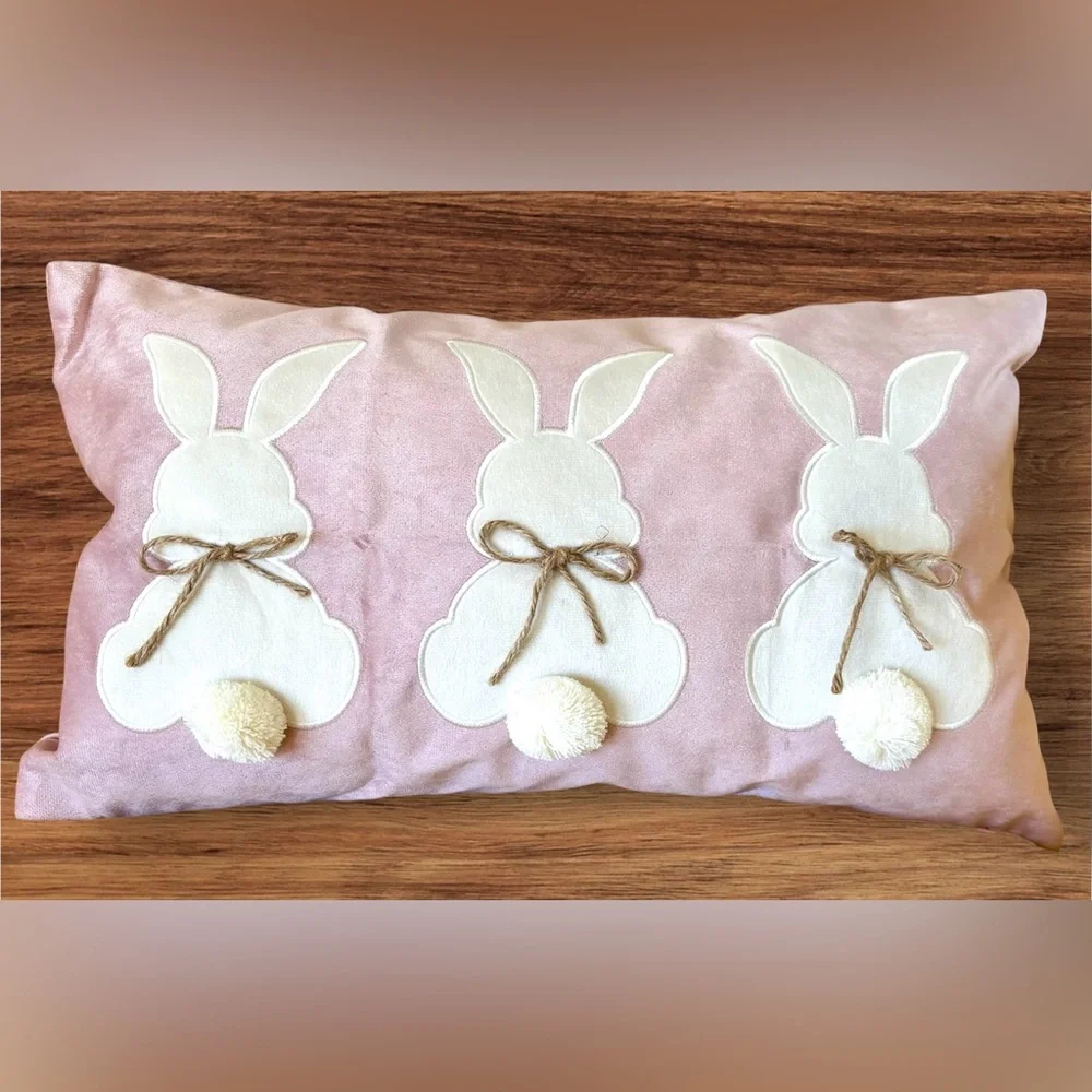 Pink 12x20 Spring Easter Bunnies Bunny Applique 3D Accents Velvet Throw Pillow