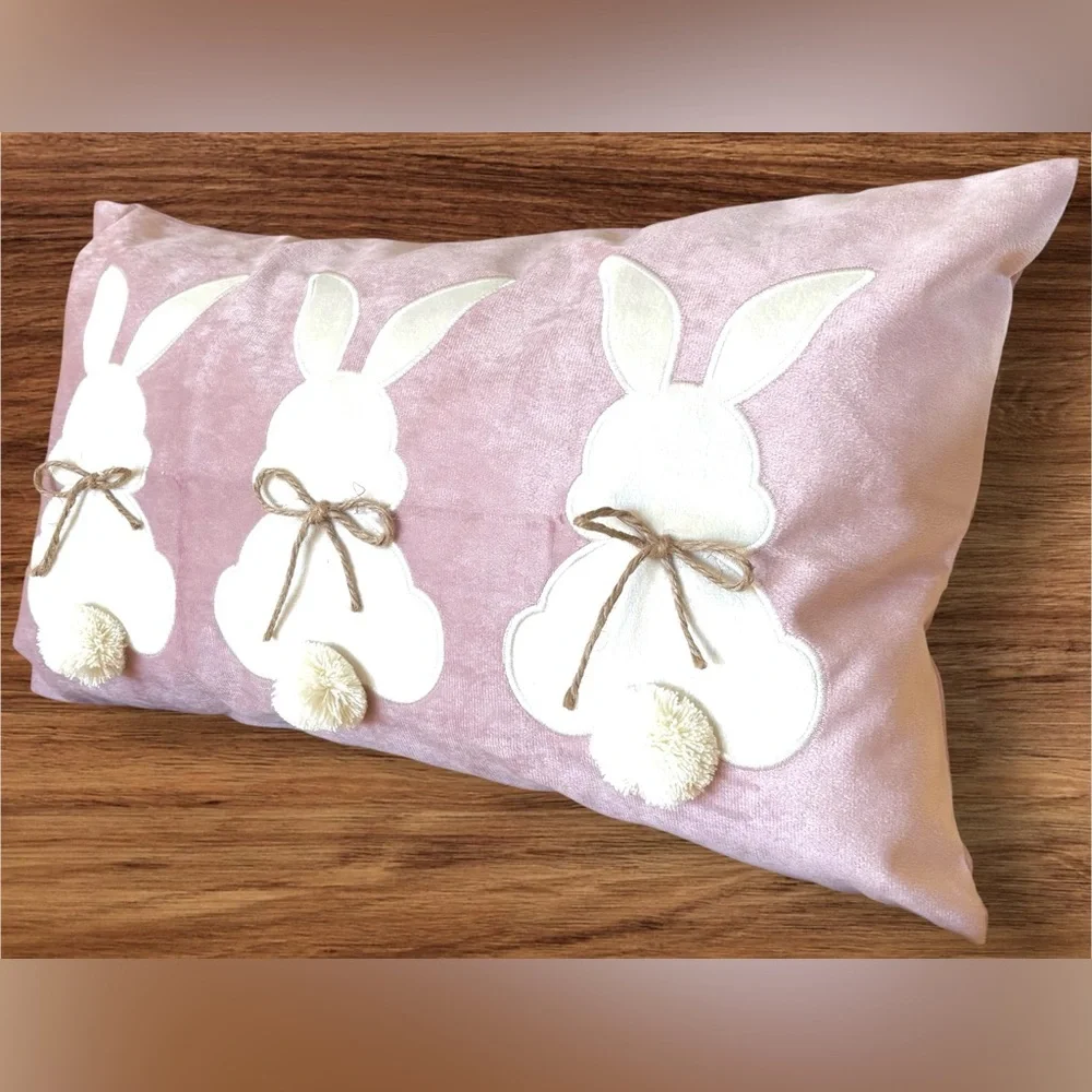 Pink 12x20 Spring Easter Bunnies Bunny Applique 3D Accents Velvet Throw Pillow
