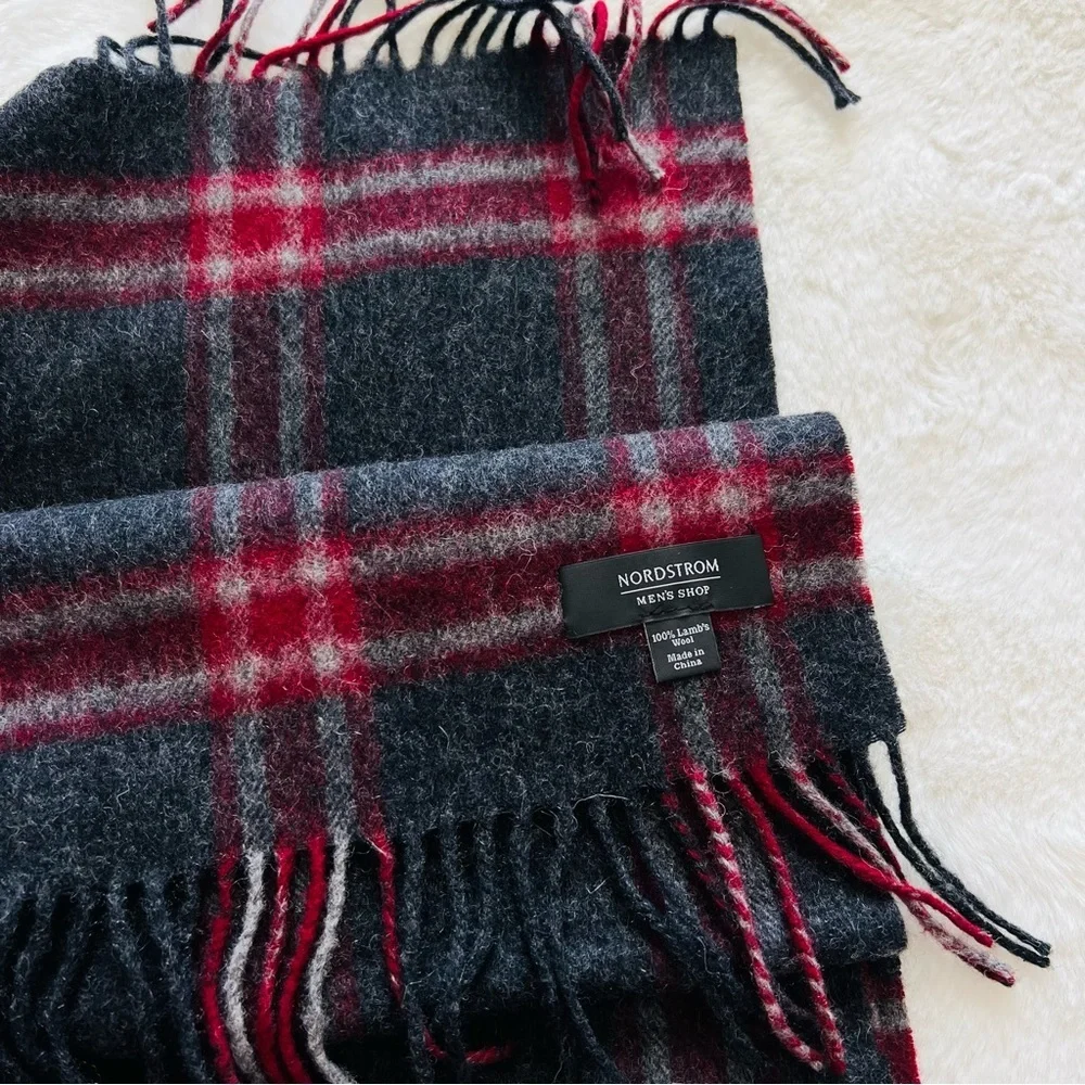 Nordstrom Men’s 100% Wool Plaid Red/Grey Scarf 72”x12” new no tag.
