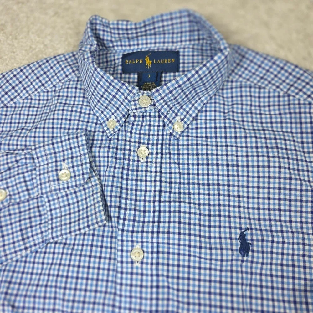 Ralph Lauren Shirt Kids 7 Blue White‎ Cotton Check Long Sleeve Button Down