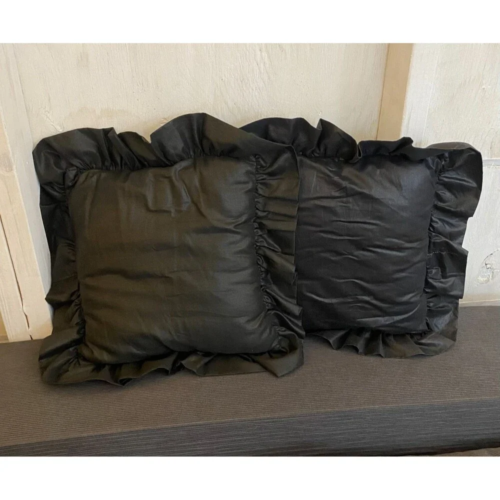 Vtg Black Chintz Decorative Ruffles Set of 2 Pillows Dark Romantic Cottage 15x15