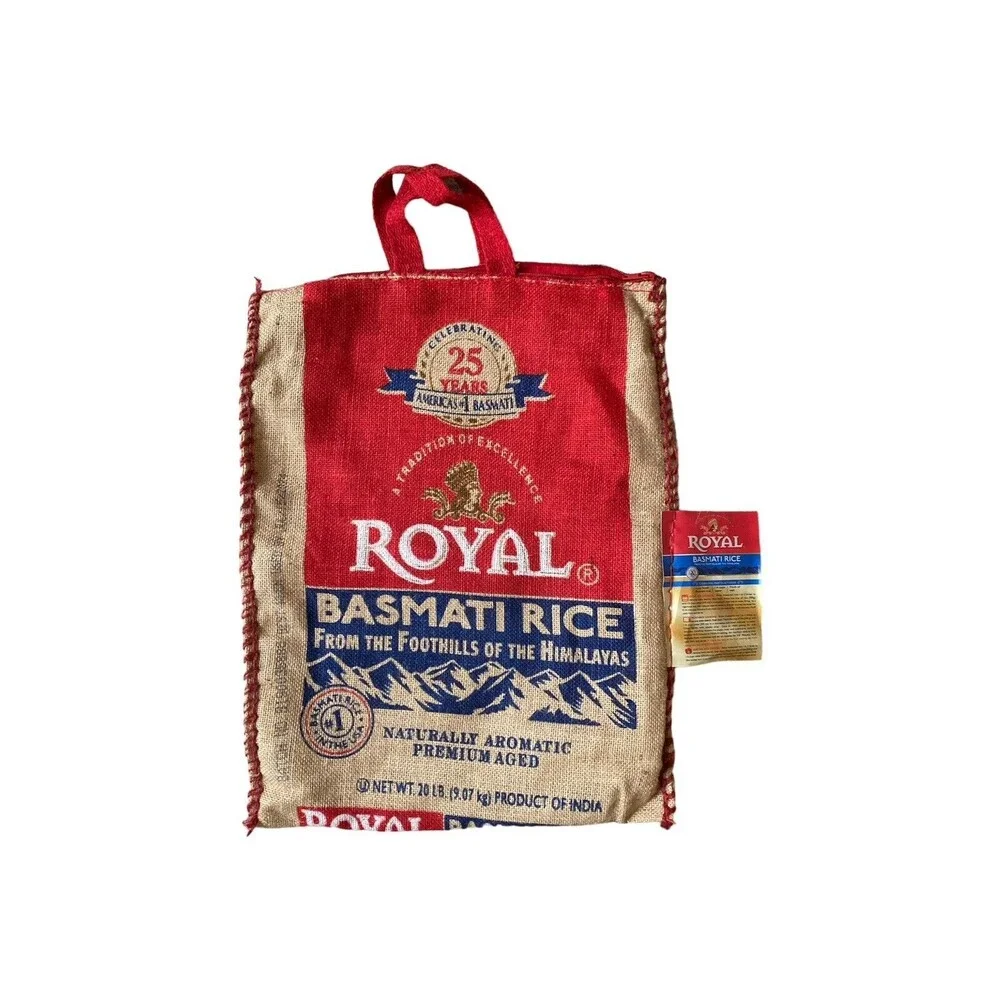 Empty ROYAL BASMATI Rice Burlap Bag Sack Handles Zipper Tote Storage Halloween