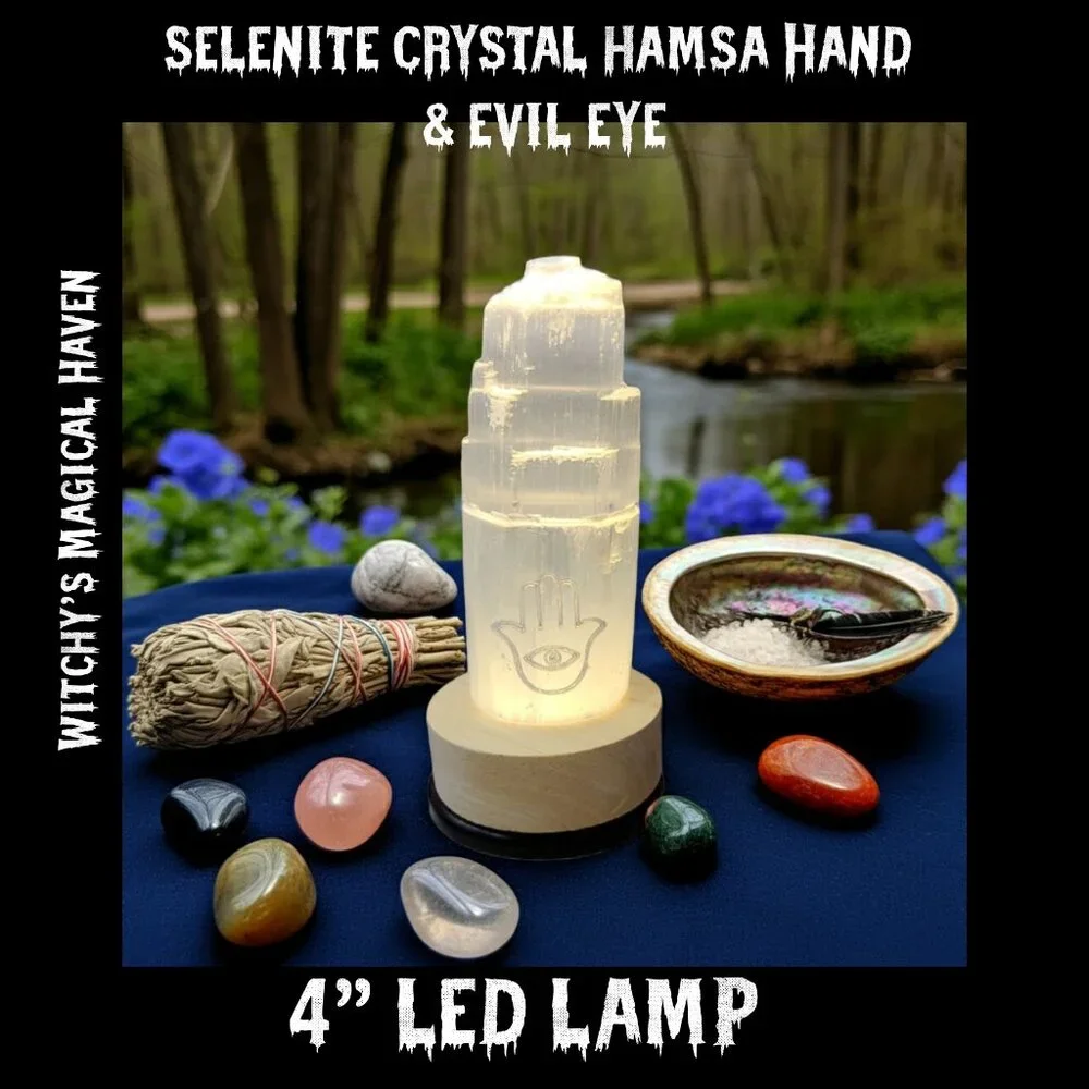 Selenite Crystal Tower 7-Color Changing LED Lamp etched with Hamsa Hand Evil Eye