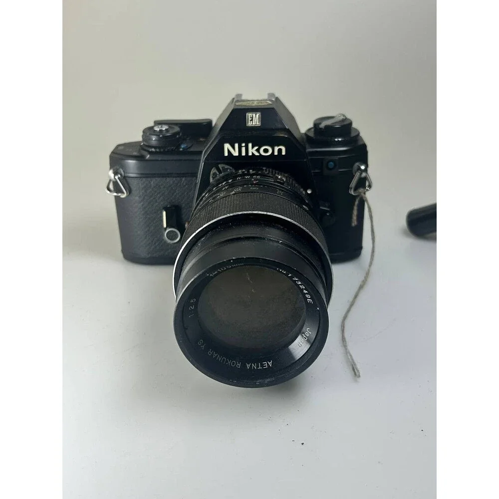 UNTESTED AS IS Nikon EM 35mm SLR Film Camera with Aetna Rokunar YS 135mm f/2.8 L