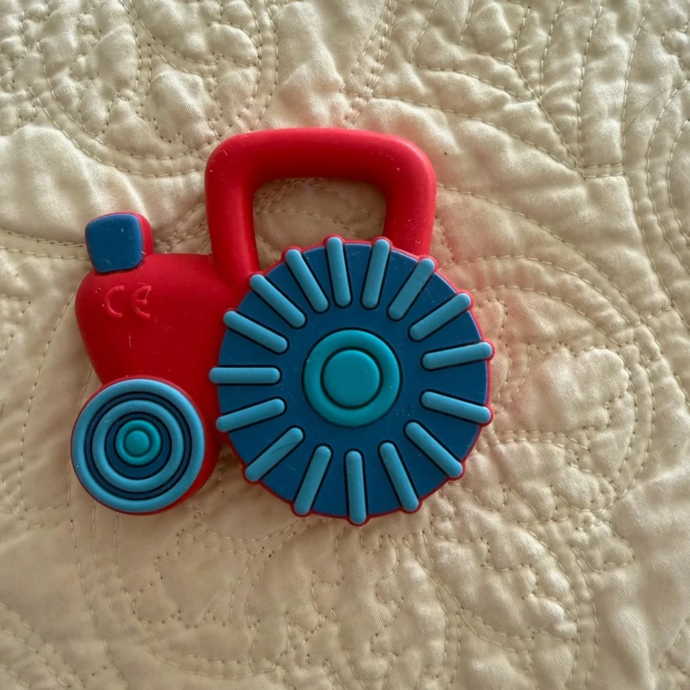 🆕HABA Red and Blue Baby Tractor Car Silicone Teether,Sensory Chew Toys,BPA Free