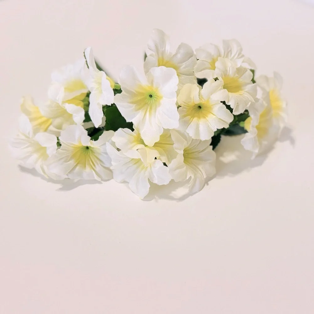 6 White & Yellow Petunia Flower Stems Floral Arrangement Faux Flowers LIFELIKE