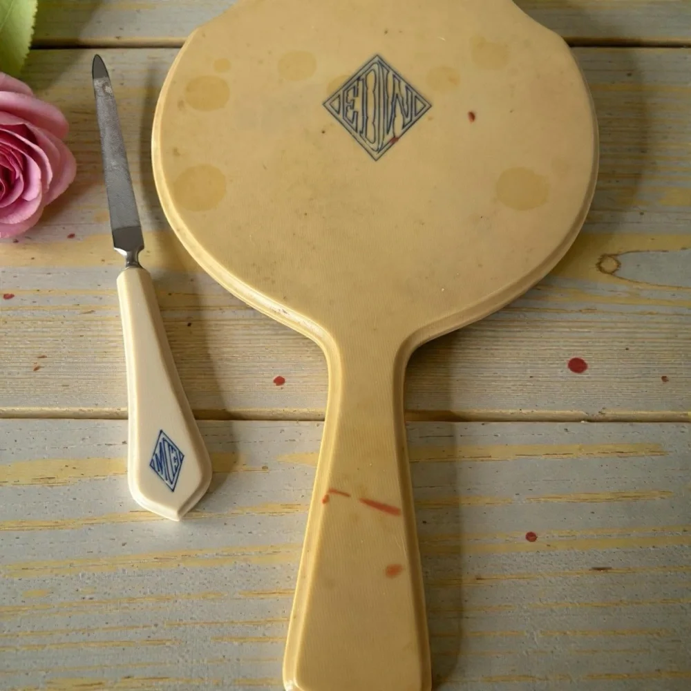 Vintage Cream Hand Mirror and file celluloid Set
