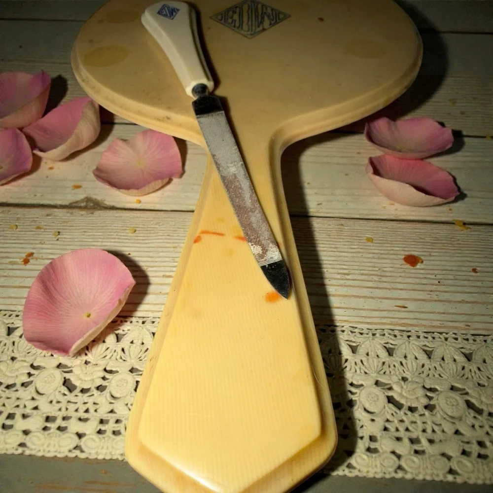 Vintage Cream Hand Mirror and file celluloid Set