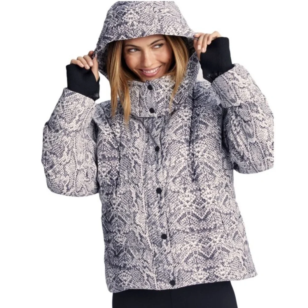 Varley x Anthropologie Highland Snake Print Hooded Puffer Jacket