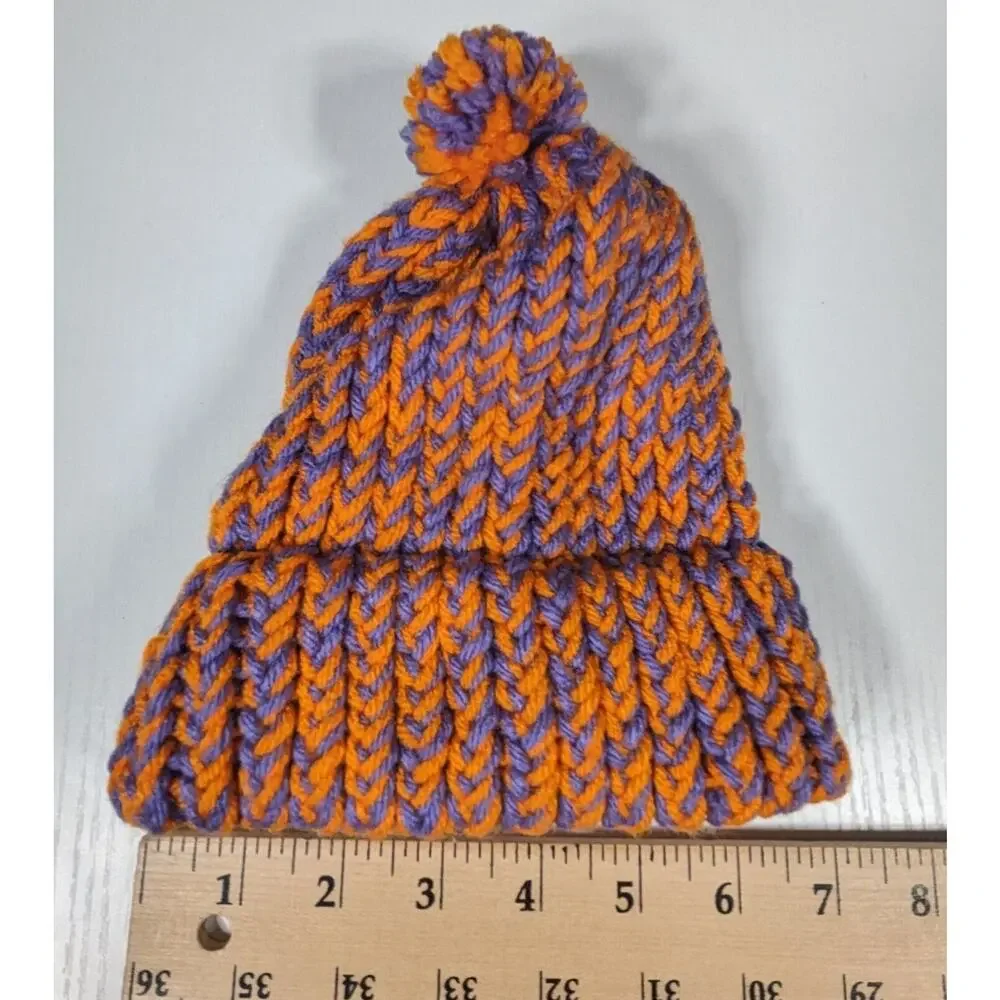 Crochet Hat Youth Size Homade Orange Purple Pom Beanie