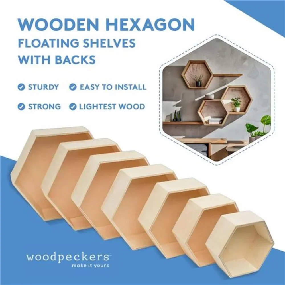 New Wooden Hexagon Floating Shelves with Backs, Set of 7, Unfinished