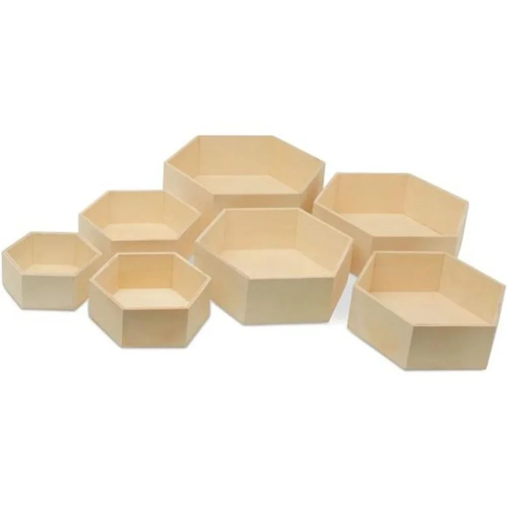 New Wooden Hexagon Floating Shelves with Backs, Set of 7, Unfinished