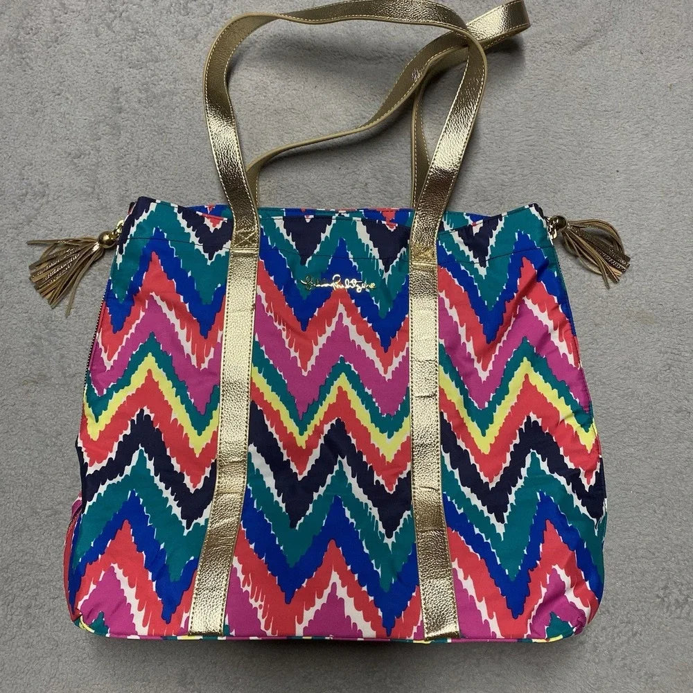 Lilly Pulitzer Tote Bag Multi Hearts A Flutter Gold Accents Tassel Expandable