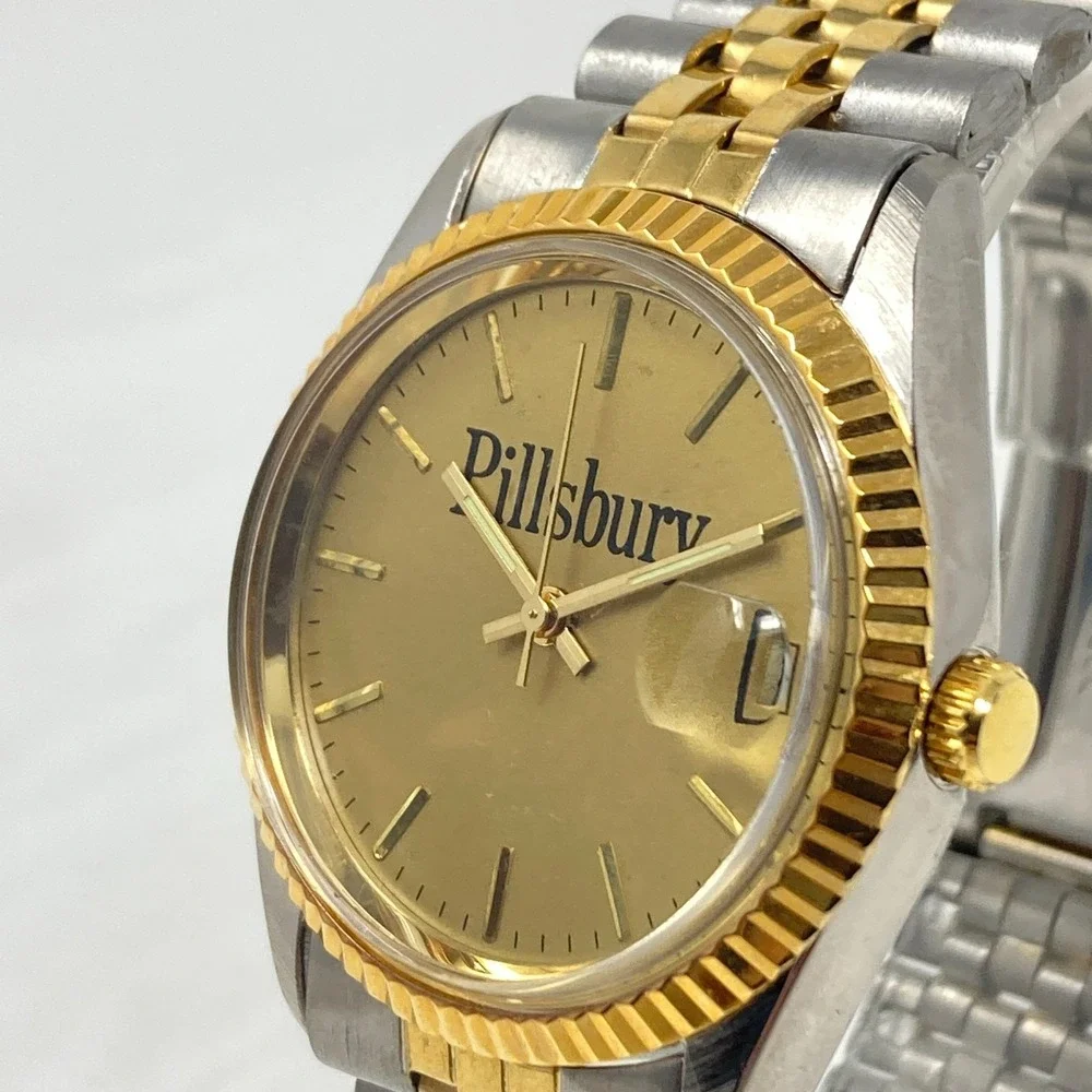 Pillsbury Watch Men 35mm Silver Gold Two Tone Date Bubble Round New Battery 7
