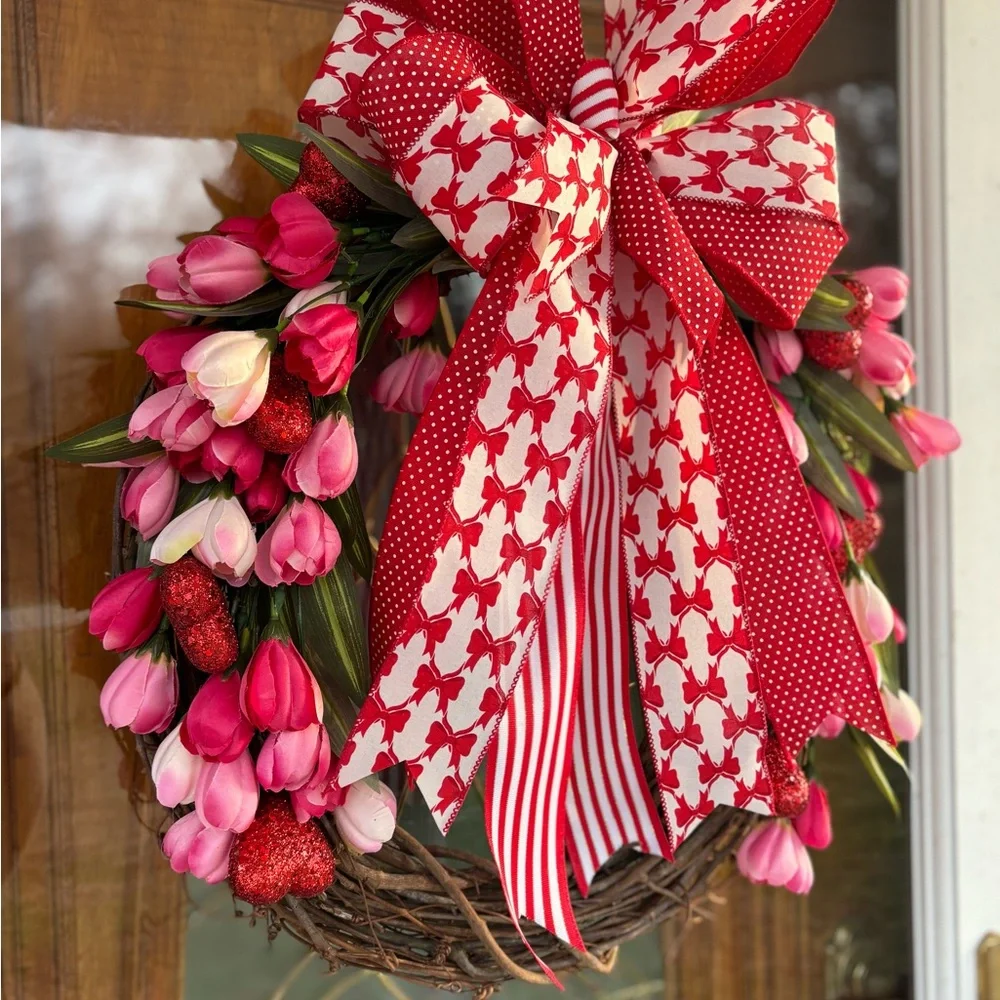 Custom Valentine Grapevine Wreath, 20”-22” Diameter, Door Hanger, Pink, Red, Bow