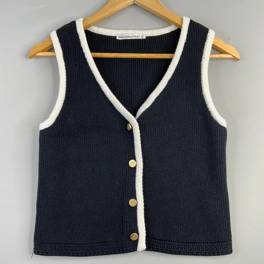 Abercrombie Fitch V-Neck Button Front Sleeveless Knit Vest Top Navy White S