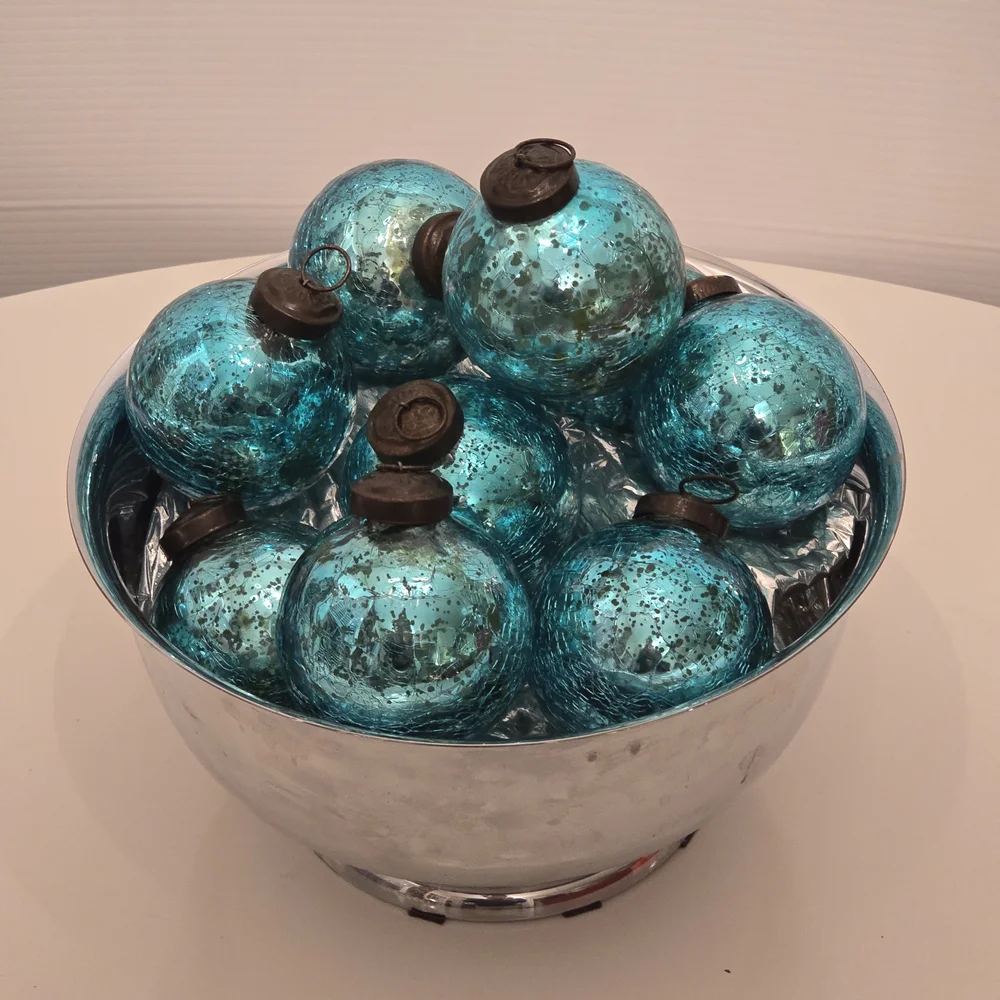 NWT 9 Turquoise Crackled Mercury Glass Holiday Ornaments with Antique Bronze Cap