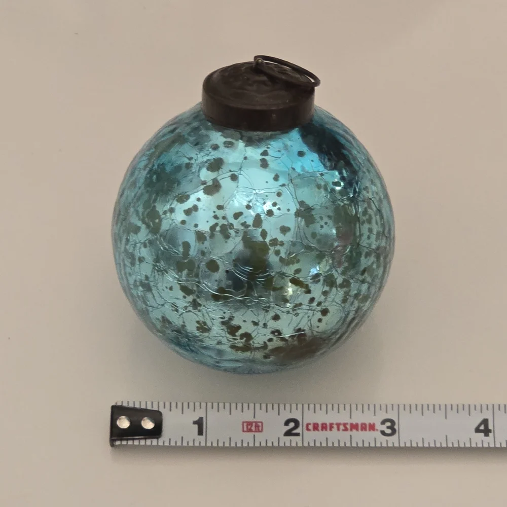 NWT 9 Turquoise Crackled Mercury Glass Holiday Ornaments with Antique Bronze Cap