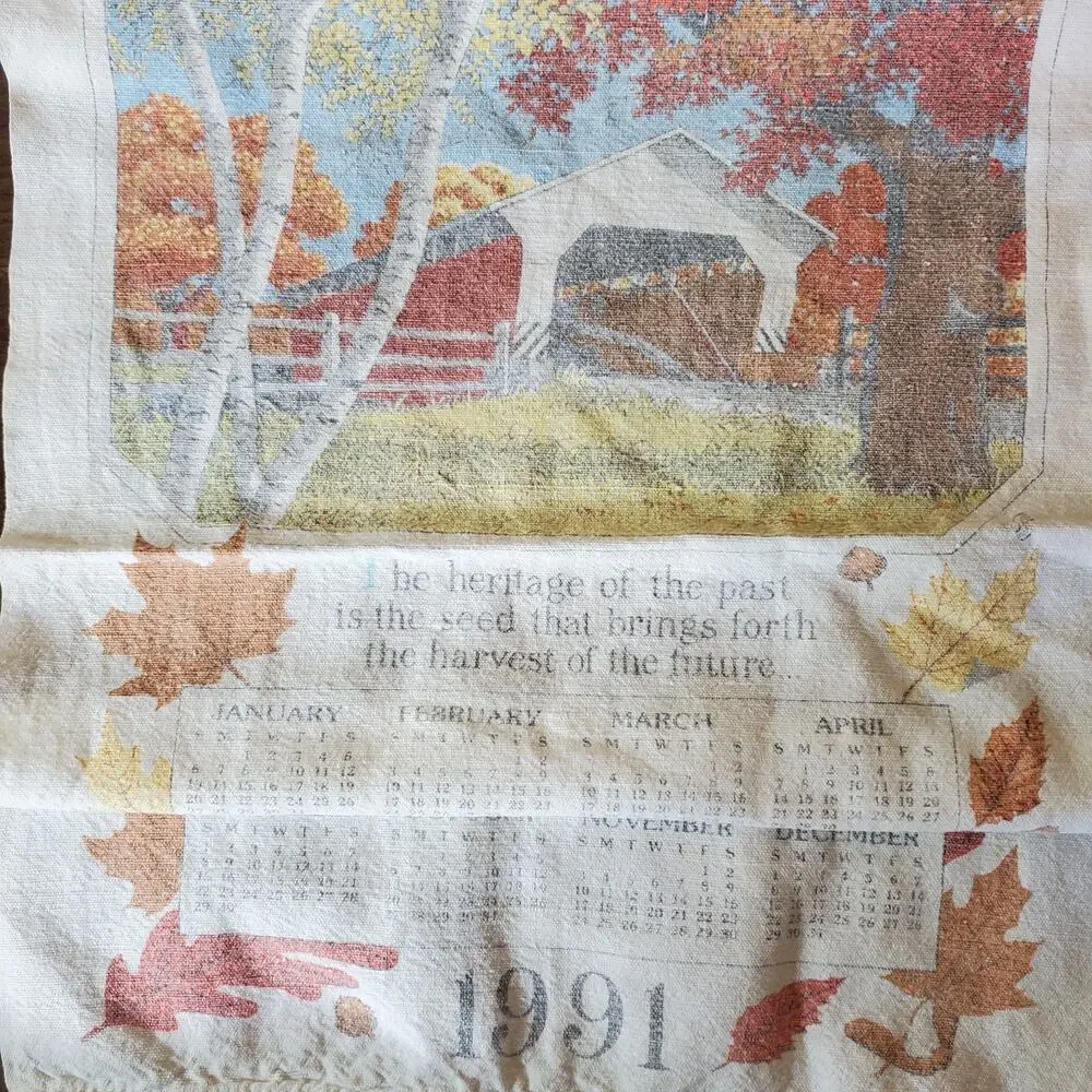 Vintage Calendar Farmhouse Barn Hand Towel 1991 15x22 Inch