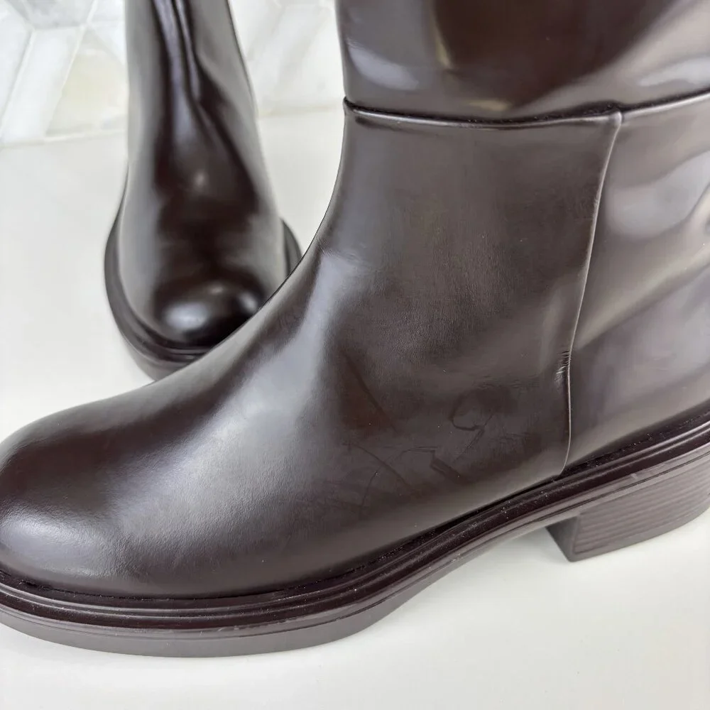 39/9 Dark Brown Walnut Round Toe Block Heel Wide Sole Knee High Pull On Zip Boot